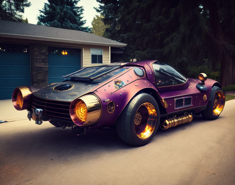 Retro-futuristic purple and bronze car with illuminated wheels parked at dusk