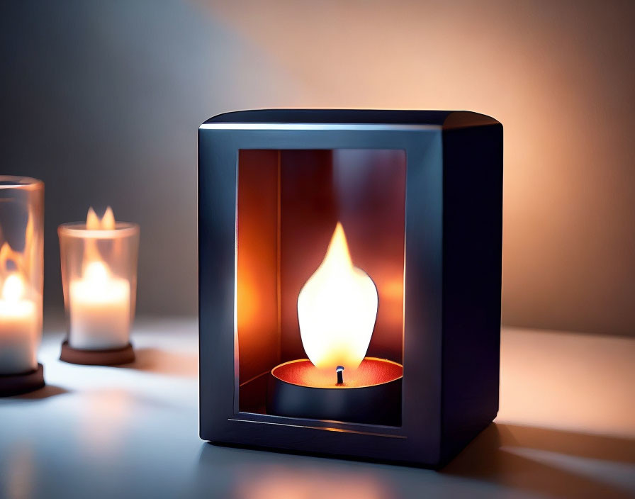 Electric Lamp Mimicking Flickering Flame Beside Traditional Candles