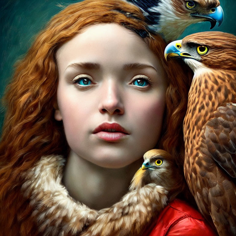 Digital art portrait of woman with red hair and three hawks in detailed composition on greenish backdrop