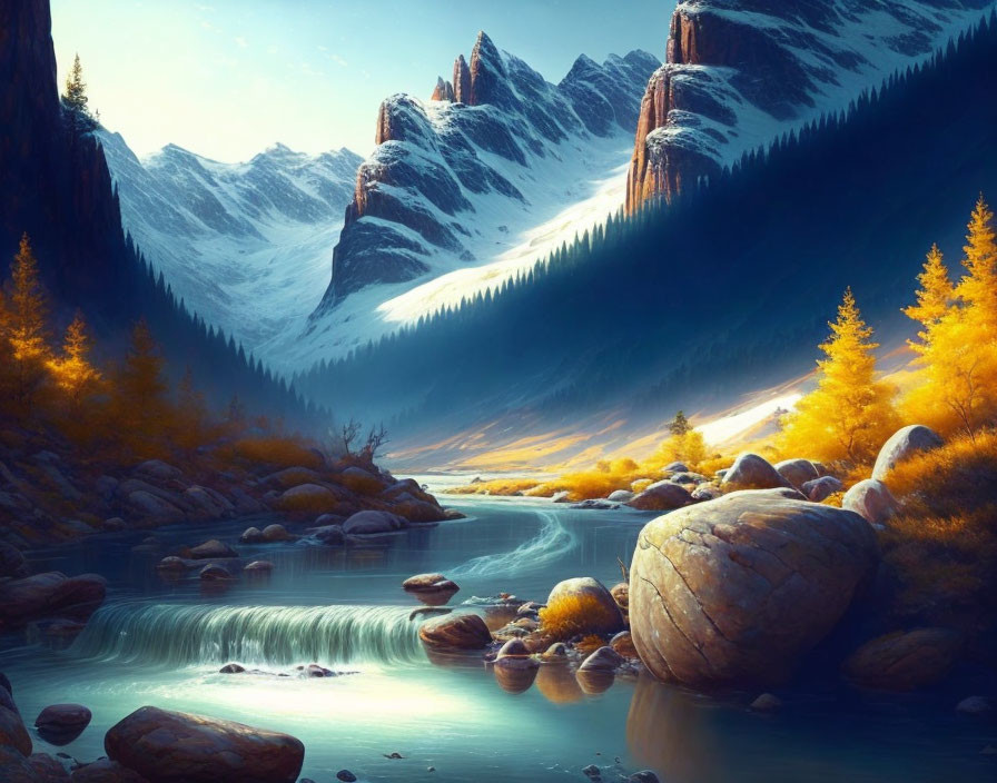 Idyllic landscape with river, autumn trees, snow-capped mountains