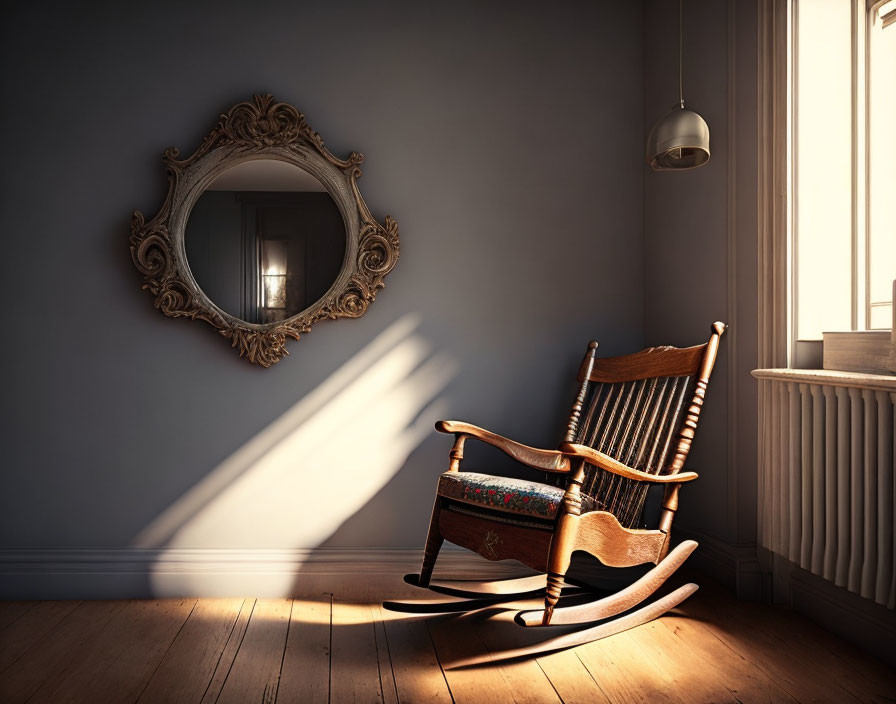 Vintage rocking chair by window with warm light, ornate mirror on wooden floor room