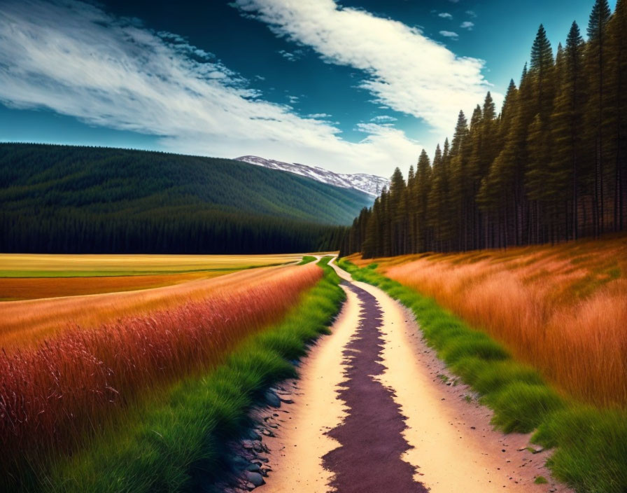 Scenic dirt road amidst pine trees, meadow, and mountains