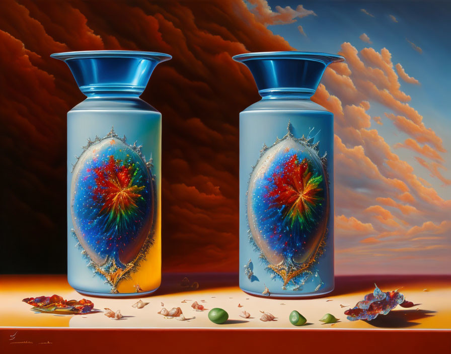 Blue vases with cosmic designs under orange sky, colorful shells on reflective surface