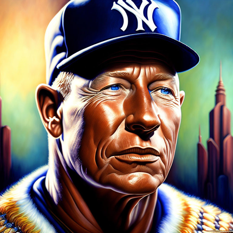 Colorful portrait of man in NY baseball cap against city skyline.