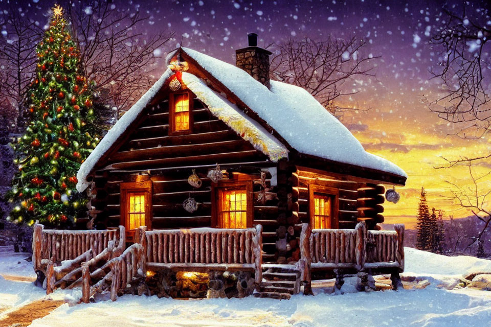 Snowy twilight scene: Christmas log cabin with lights and decorations