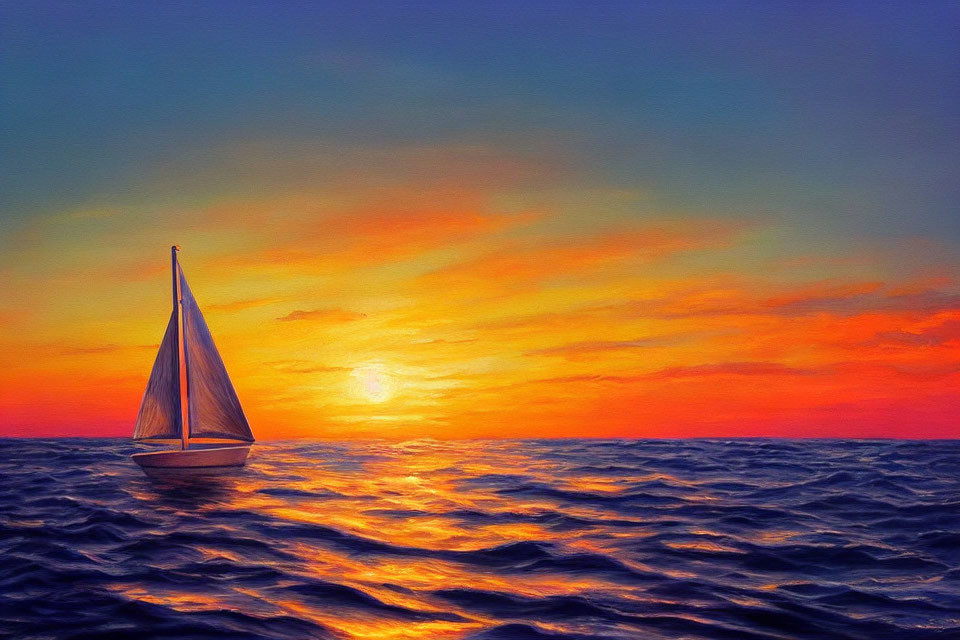 Colorful Sailboat Painting: Ocean Sunset with Orange and Blue Hues