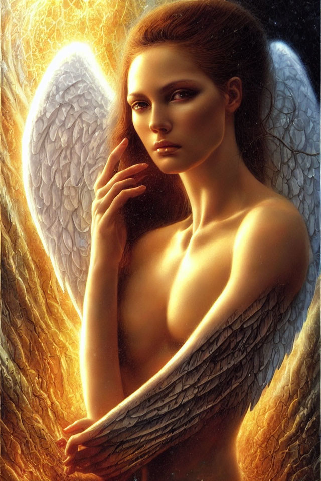 Ethereal female figure with angelic wings in golden light