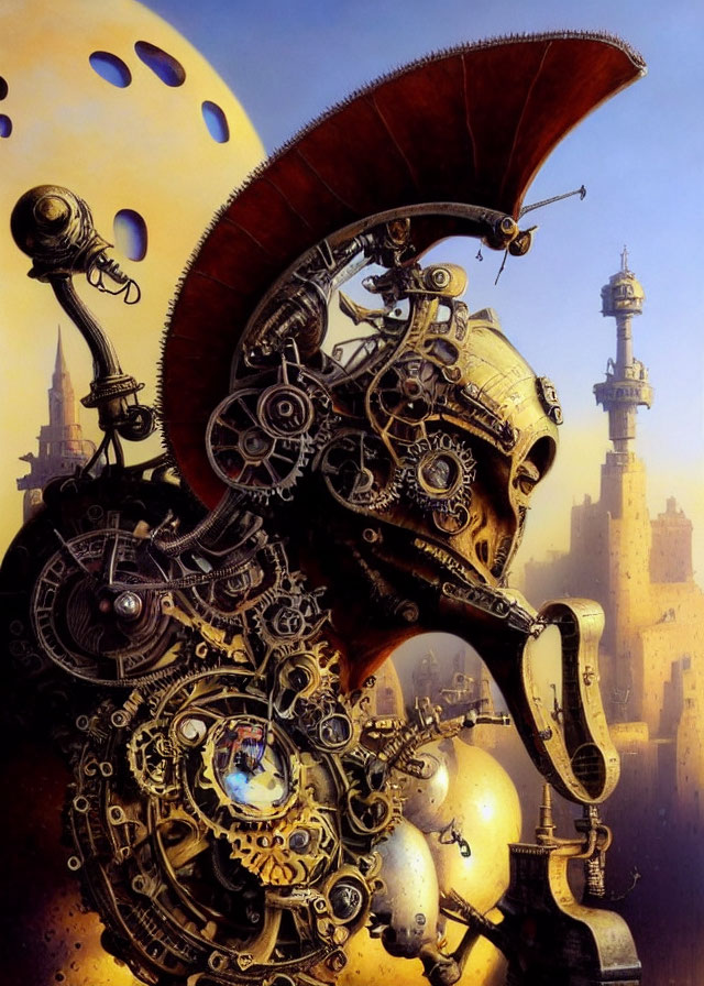 Steampunk-style illustration of a mechanical being with feather-like helmet and mystical towers