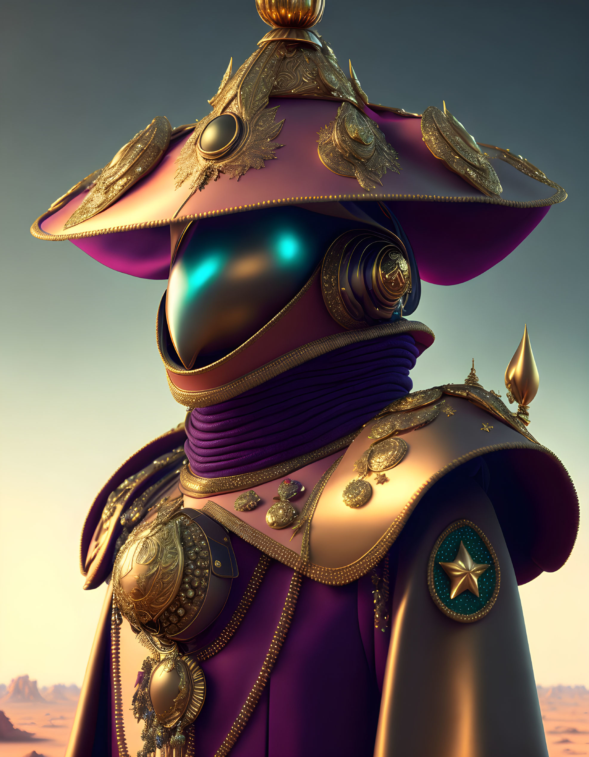 Regal figure in purple garments and gold-trimmed hat against sunset sky