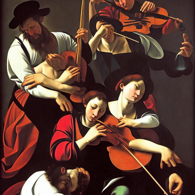 Baroque-era figures in concert: violinist, lutenist, cellist, singer