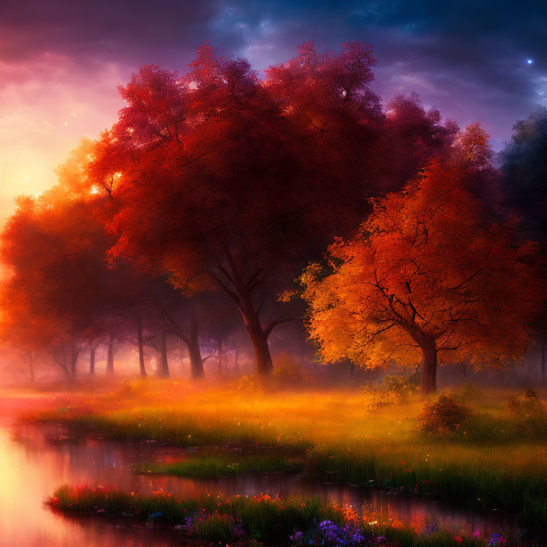 Twilight landscape: Vibrant autumn trees, calm river, misty field.