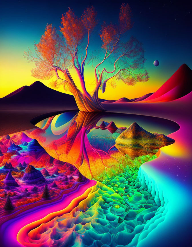 Colorful surreal landscape featuring tree, hills, moon, neon rainbow palette