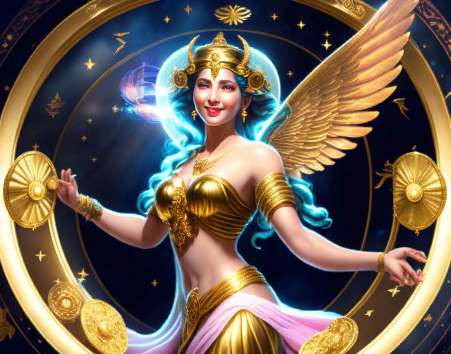 Golden-armored winged woman with glowing orb in celestial setting