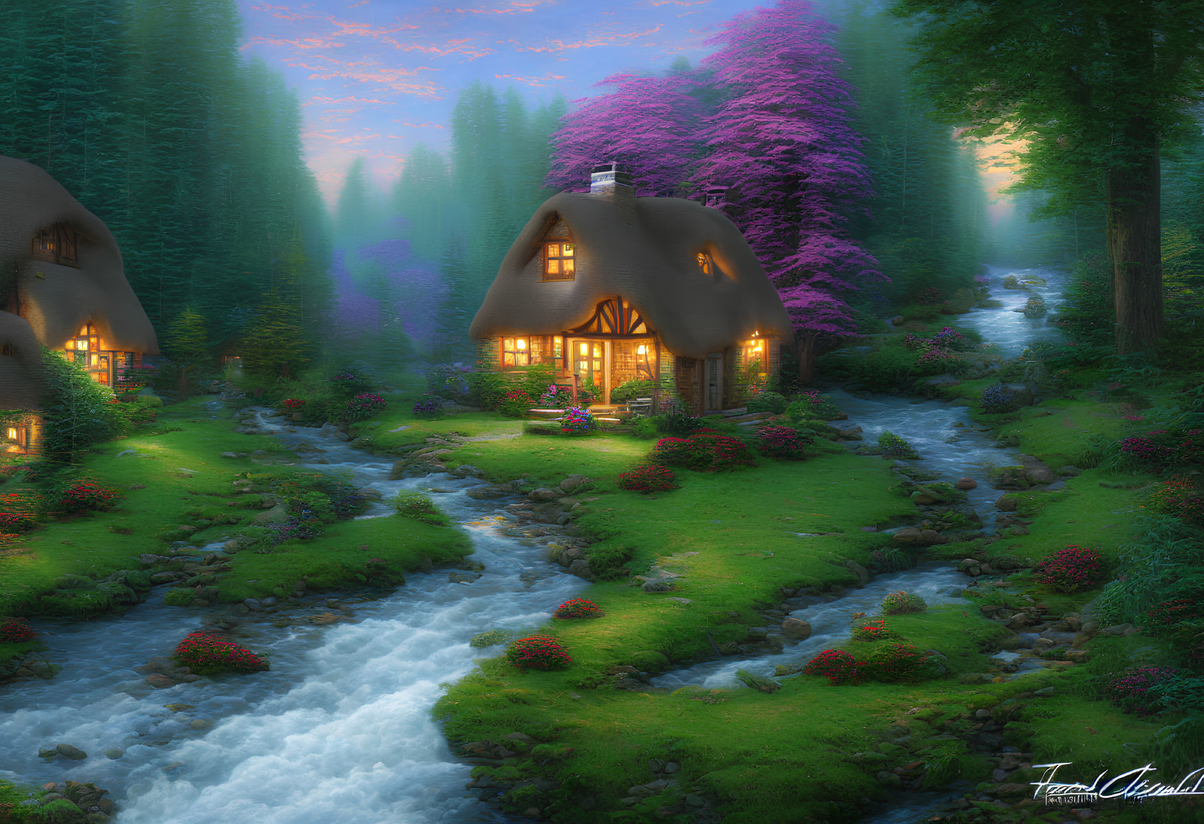 Tranquil woodland landscape with storybook cottages, vibrant trees, and glowing windows at twilight