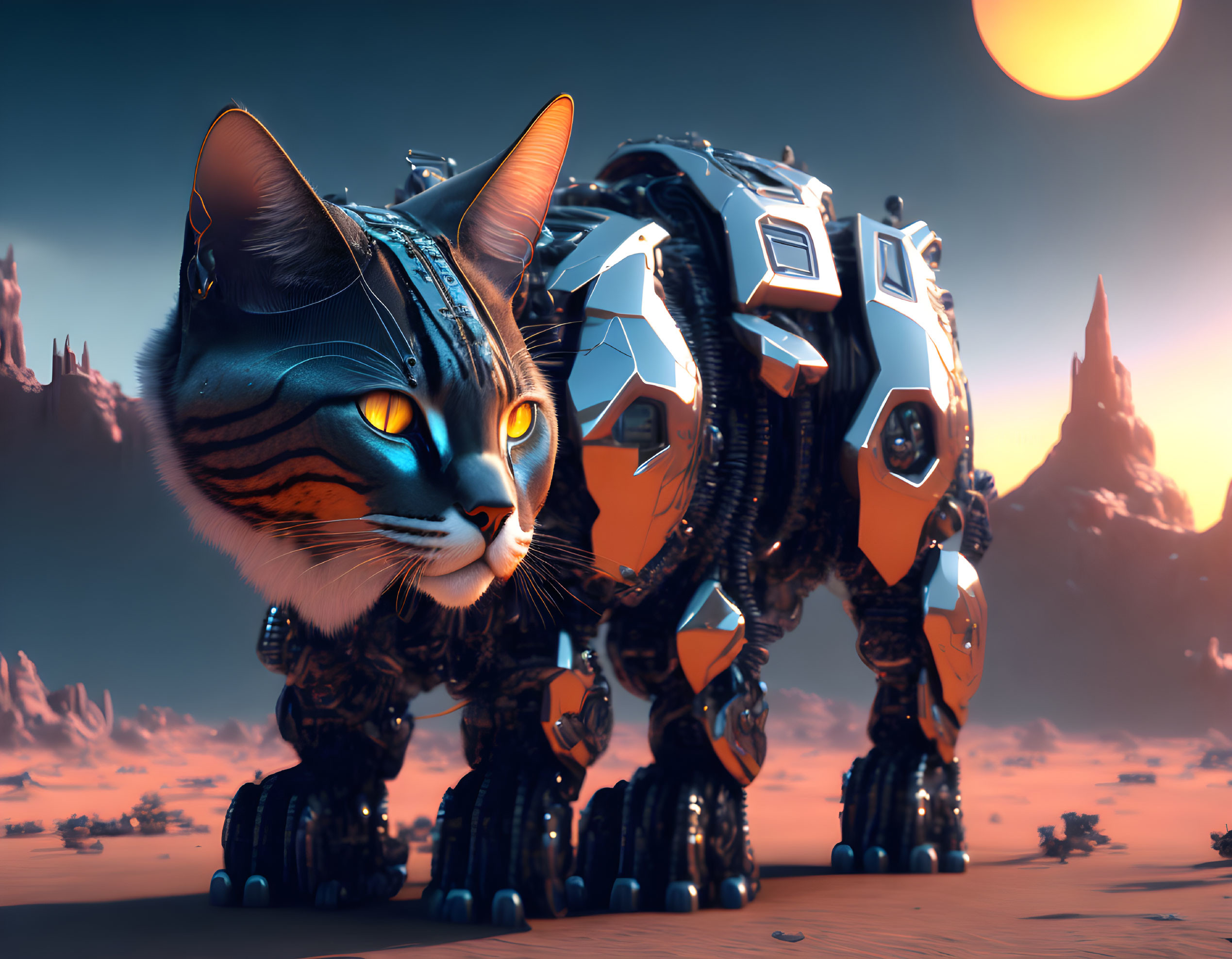 Digital artwork: Robotic cat with feline head and mechanical body in desert at sunset