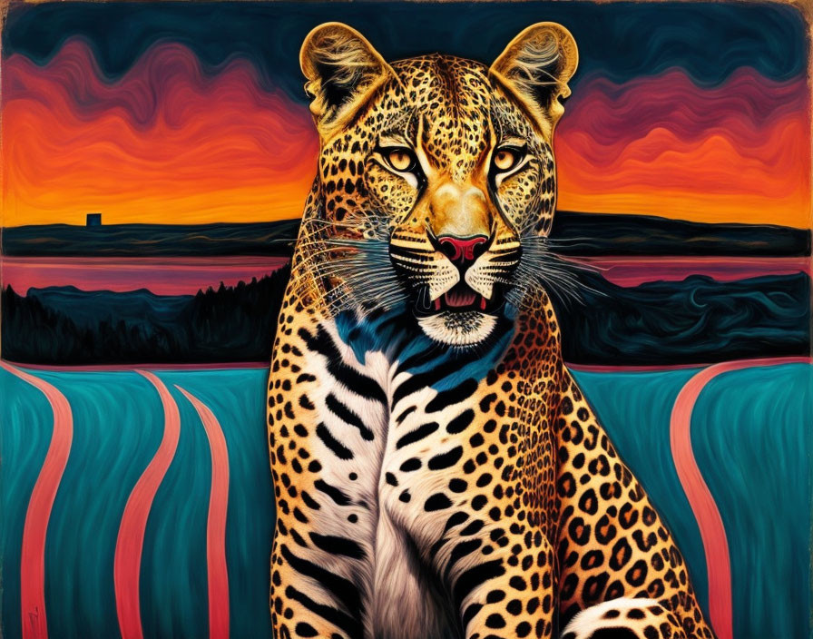 Vivid Jaguar Painting with Stylized Landscape Background