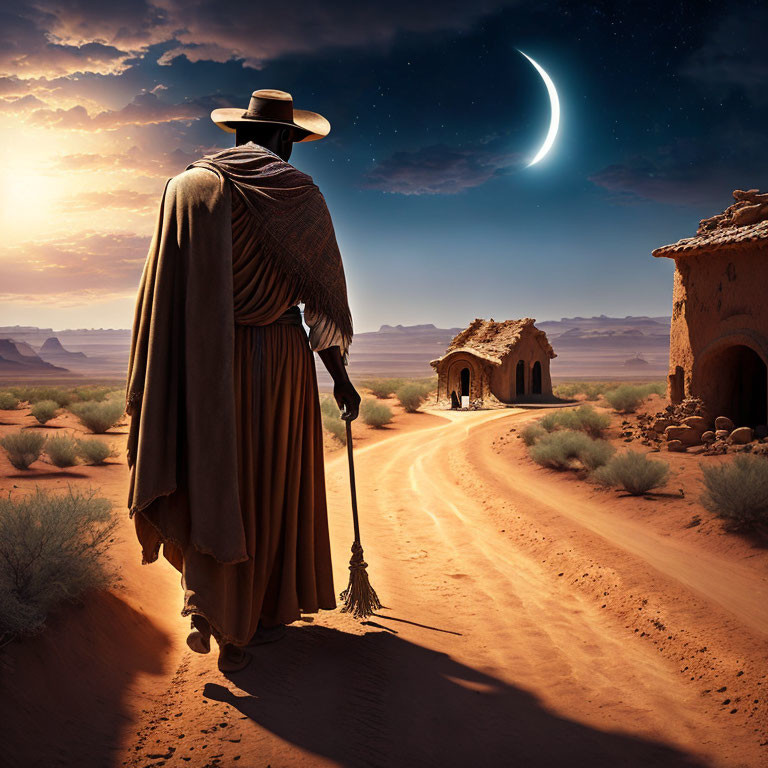 Cloaked Figure with Broom Walking on Desert Path at Night