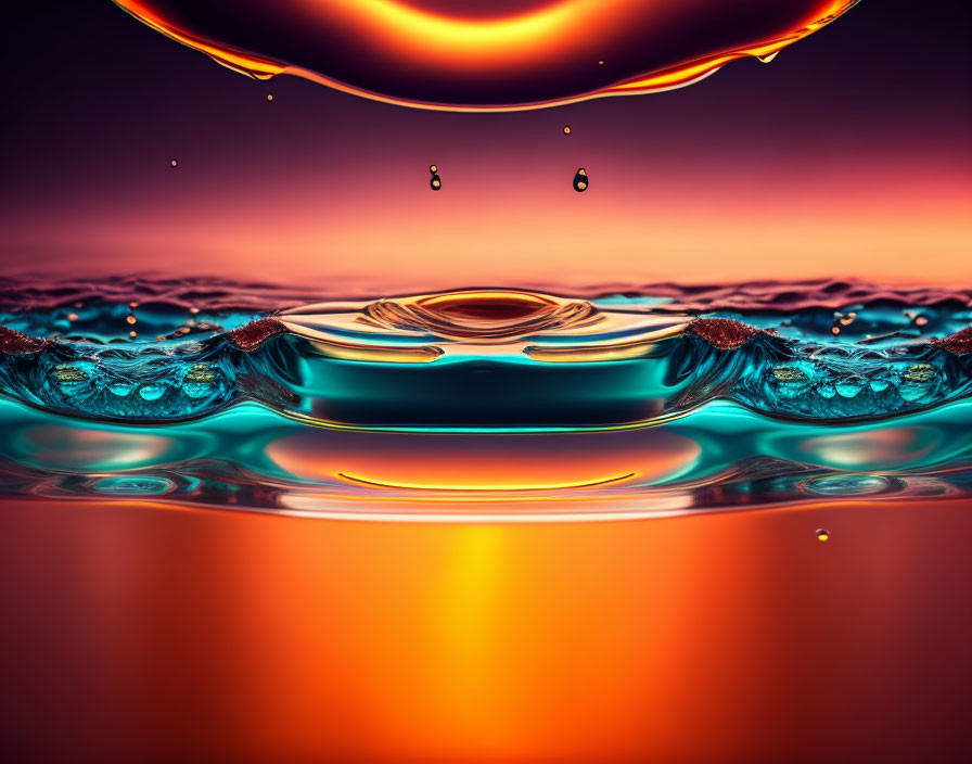 Water droplets creating ripples on reflective surface with warm orange and cool blue gradient