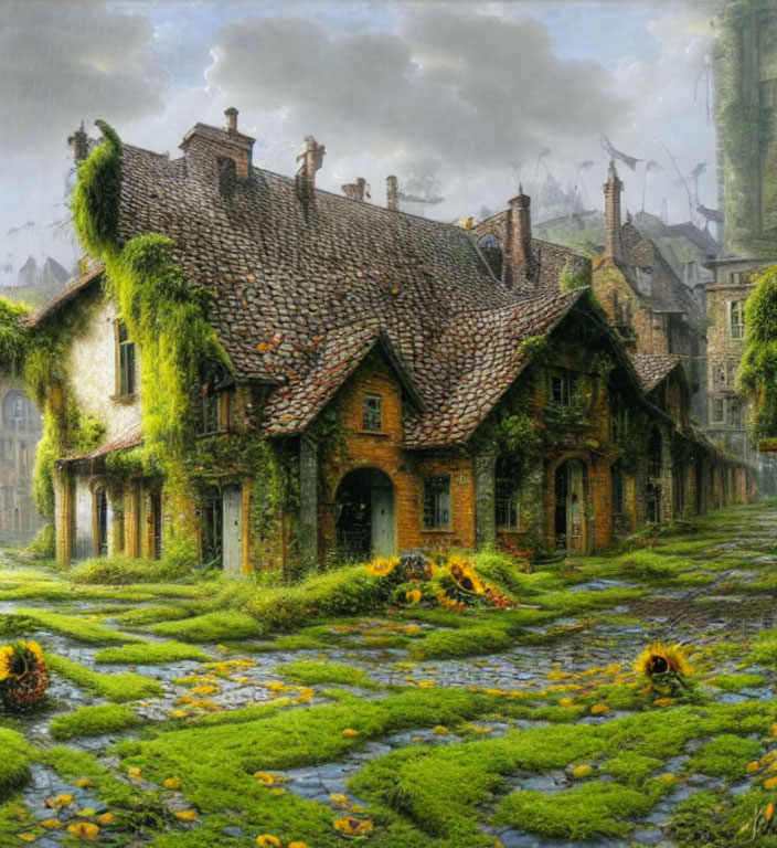 Enchanting cobblestone street with ivy-covered cottages and sunflowers in misty setting