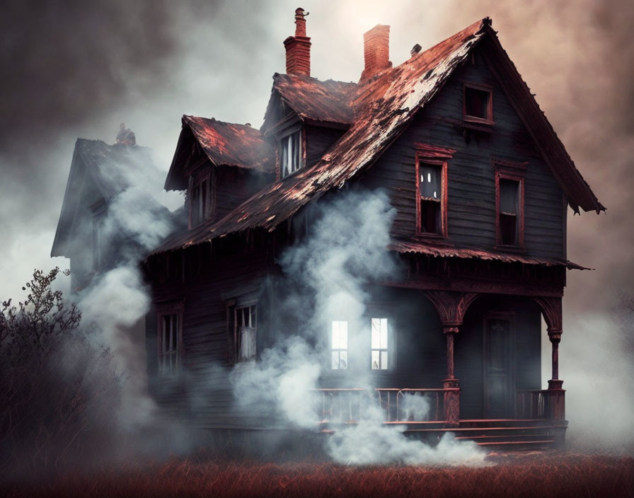 Creepy abandoned two-story house in misty setting