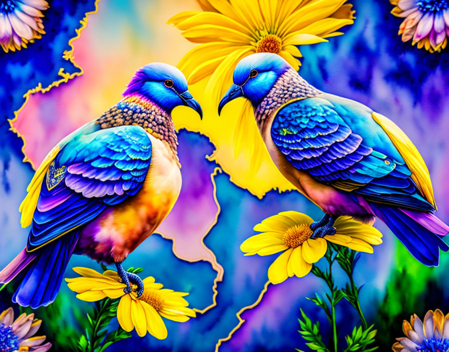 Colorful Birds on Yellow Flowers with Psychedelic Background