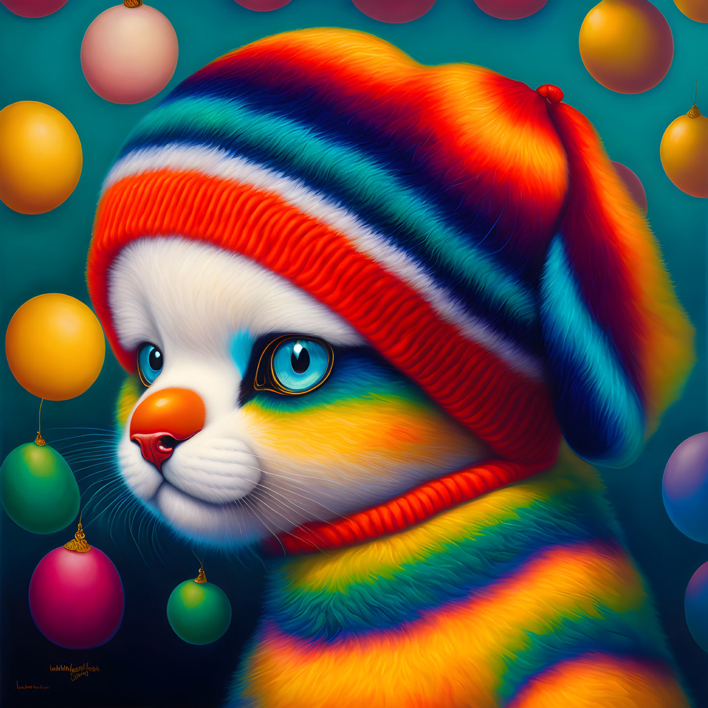 Colorful Cat Illustration with Blue Eyes and Striped Beanie in Christmas Setting