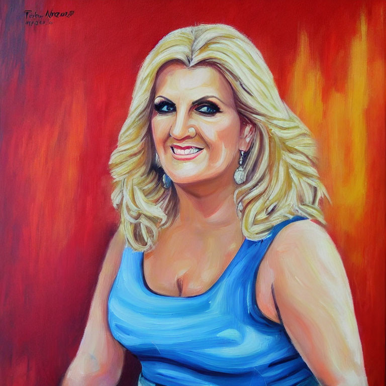 Smiling Woman with Blonde Hair in Blue Top on Red Background