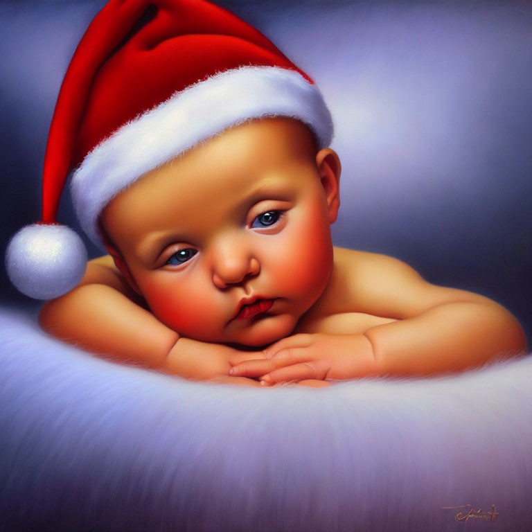 Cute Baby in Santa Hat with Plump Cheeks and Inquisitive Gaze