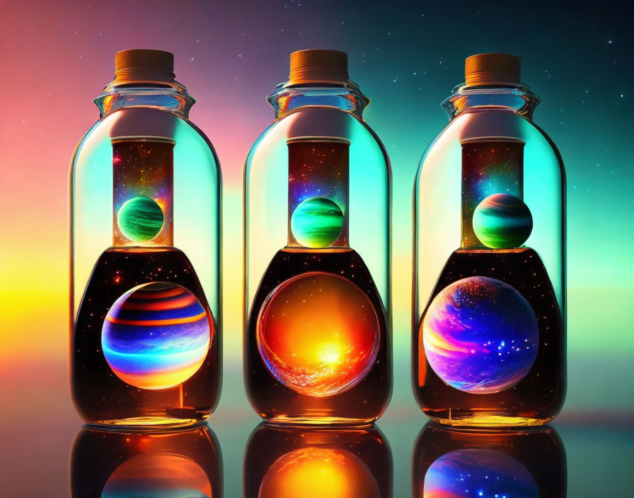 Transparent Bottles with Cosmic Patterns and Planets on Galaxy Background