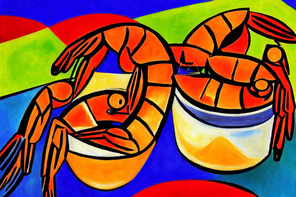 Colorful abstract painting featuring lobsters and geometric patterns