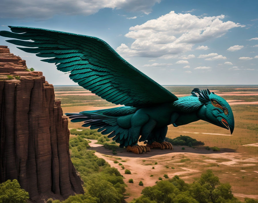 Vivid Blue Mythical Bird Soaring Over Desert Landscape