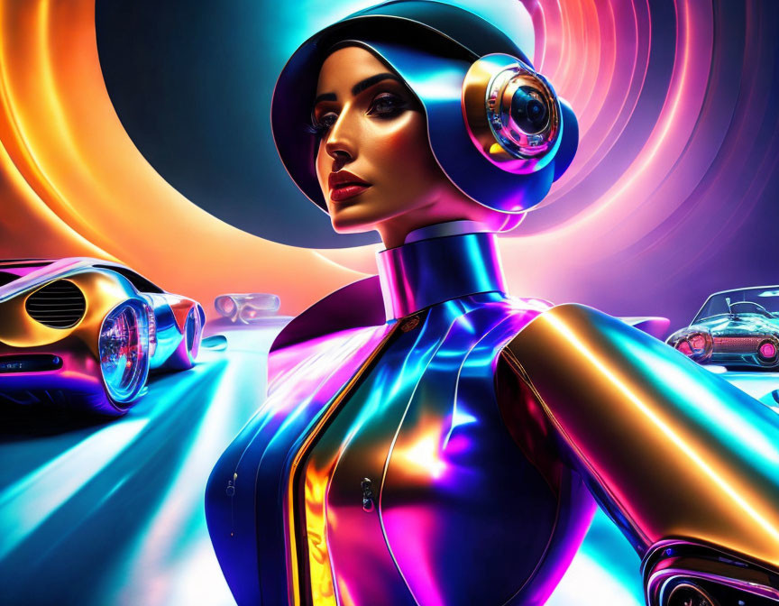 Futuristic female robot with metallic body and visor among sports cars and neon lights