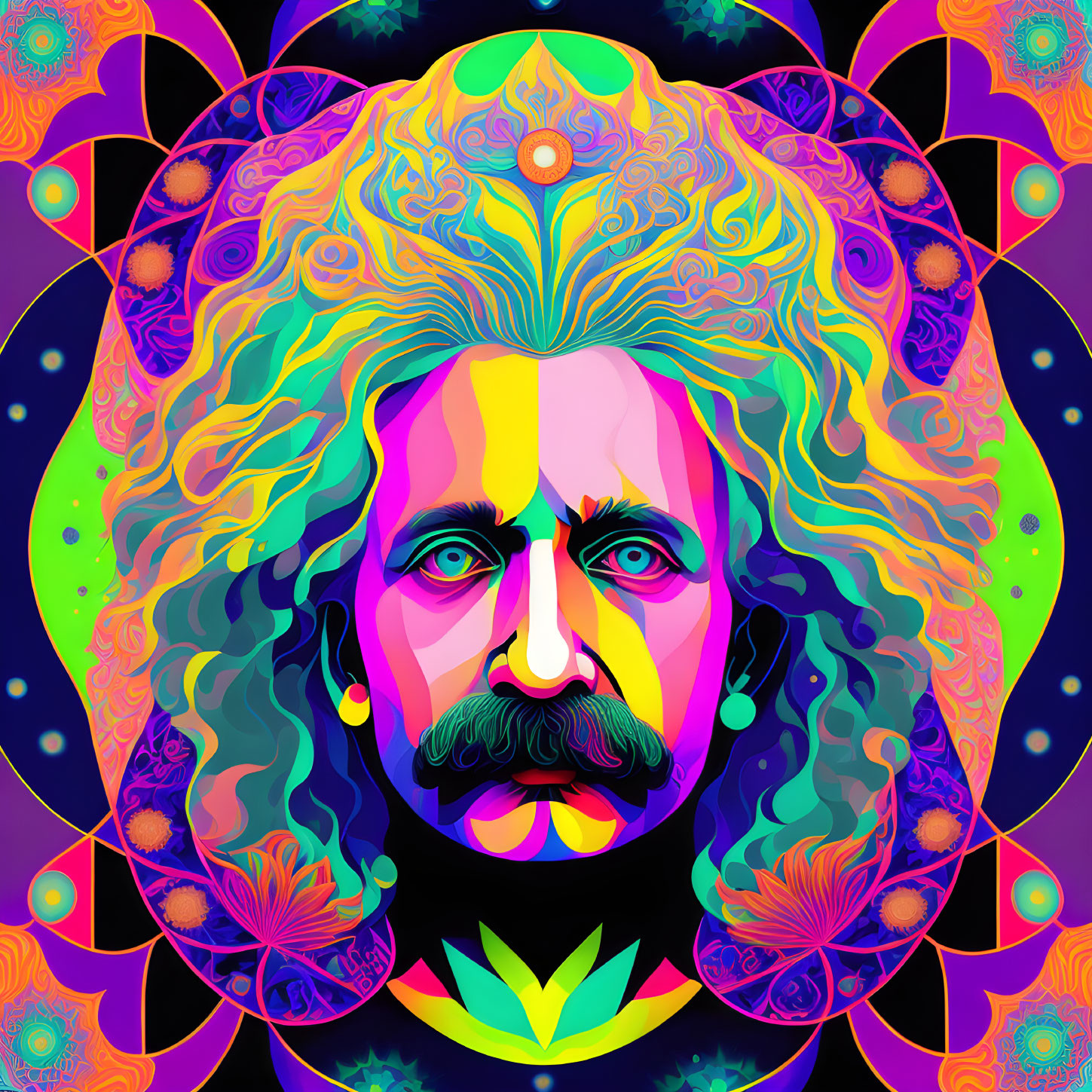 Colorful psychedelic portrait of a man with mustache and beard in neon palette