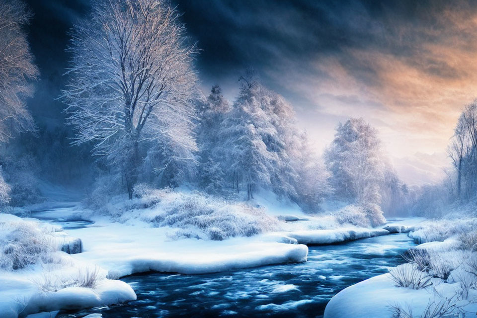 Snow-covered forest and frozen river in dramatic winter landscape