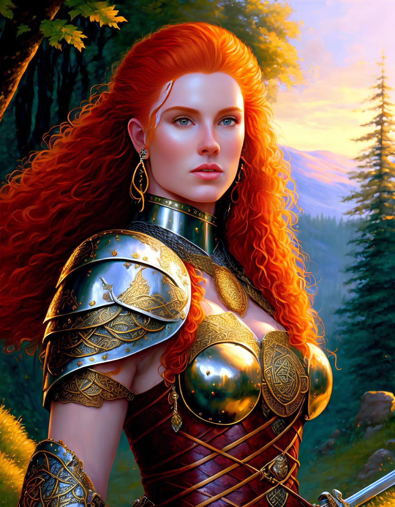 Red-Haired Female Warrior in Golden Armor in Autumn Forest