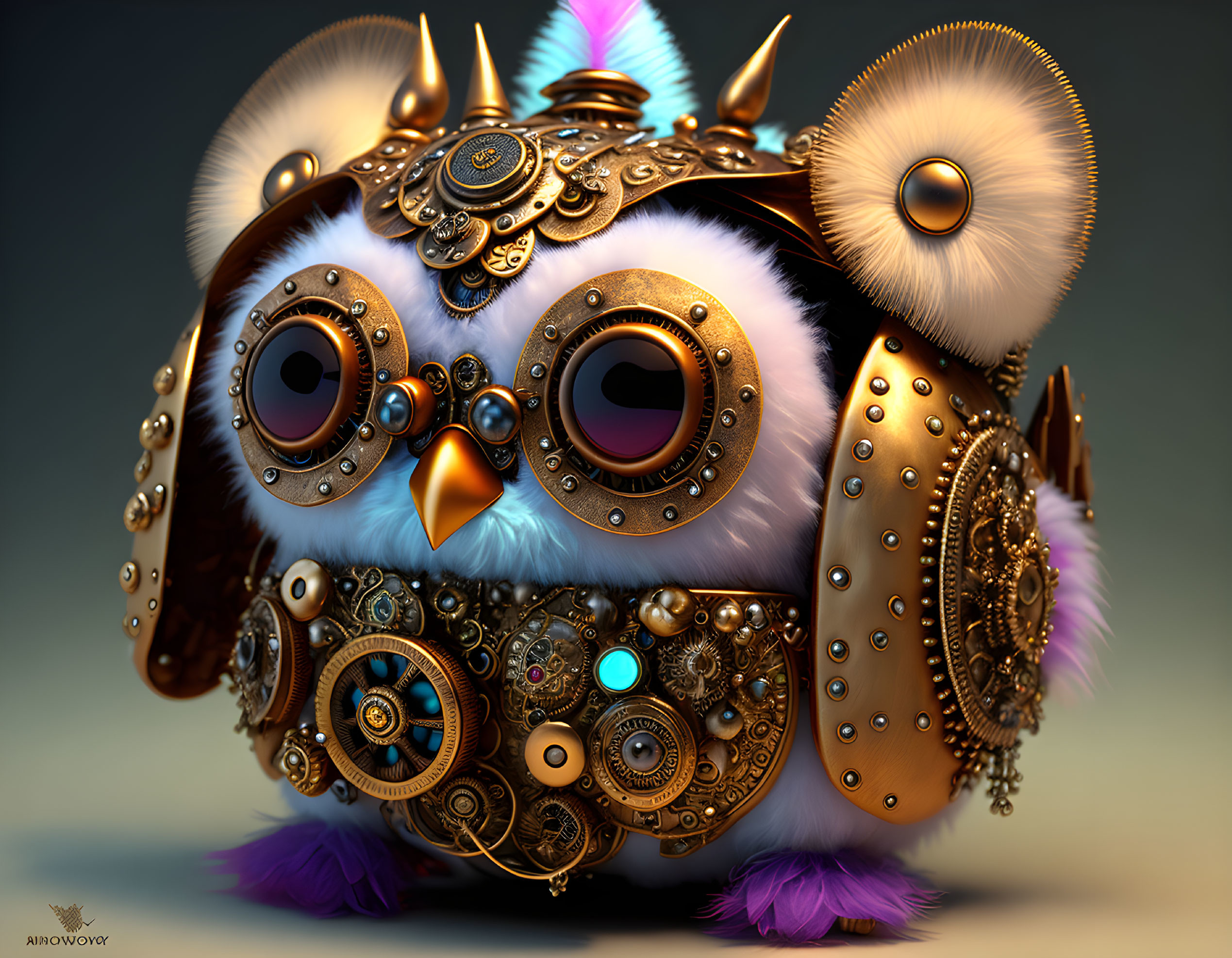 Whimsical 3D steampunk owl illustration with large expressive eyes