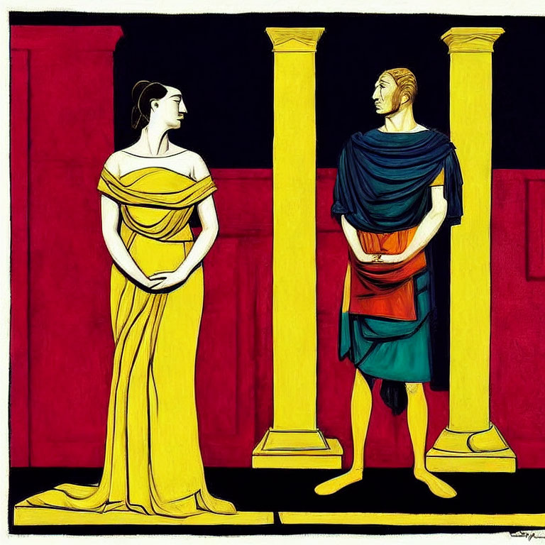 Stylized ancient Greek figures in yellow and blue attire between columns on red backdrop