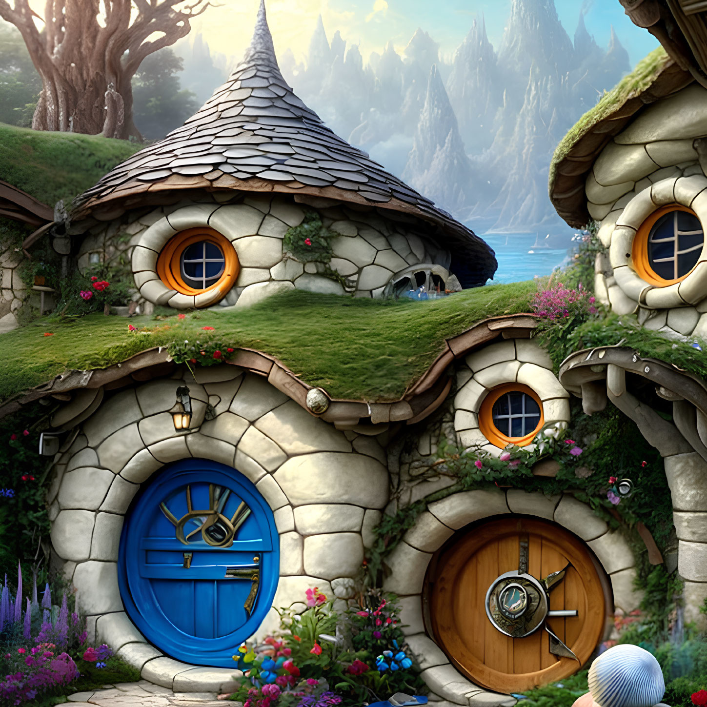 Fantasy cottages with round doors in mountain landscape