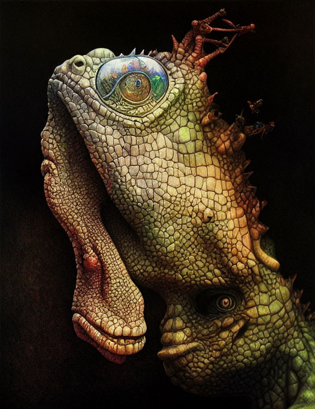 Surreal artwork of two iguana heads with vibrant eyes