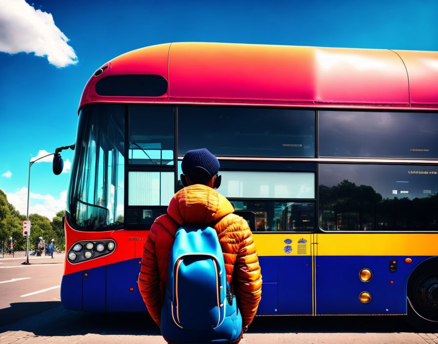 Person with Backpack Standing by Colorful City Bus Under Clear Blue Sky