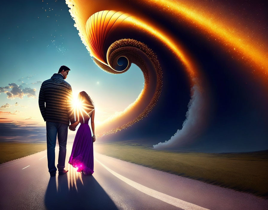 Couple holding hands under swirling cosmic vortex