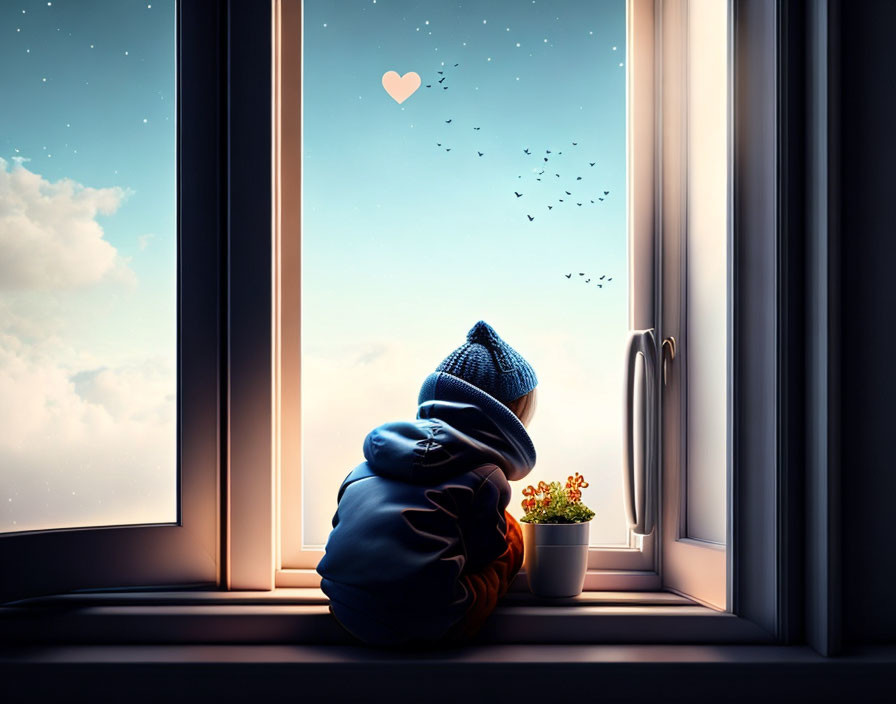 Child in blue hoodie gazes at night sky with heart-shaped cloud and birds.