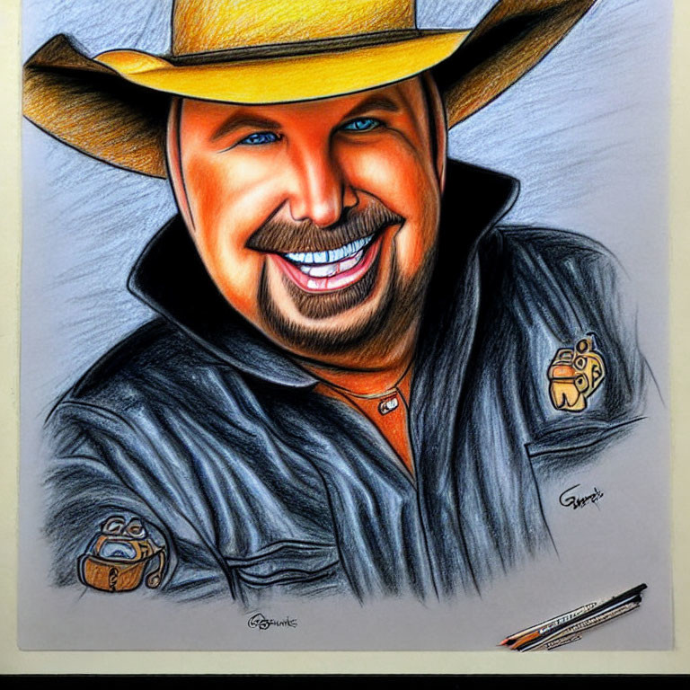 Vibrant portrait of smiling bearded person in cowboy hat and badge shirt with pencil signature.