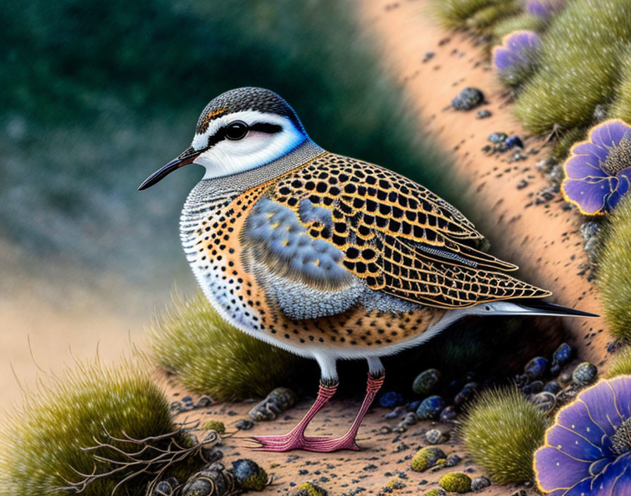 Spotted Sandpiper Bird Among Cacti and Purple Flowers