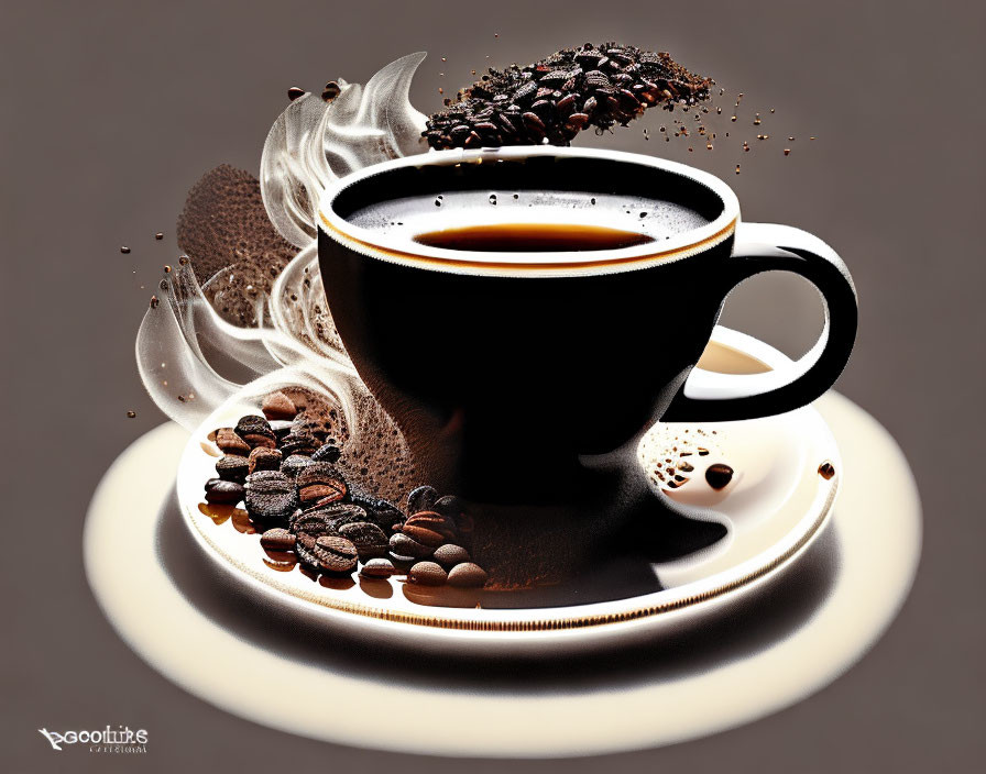 Fantasy-style coffee cup with dynamic bean splash effect