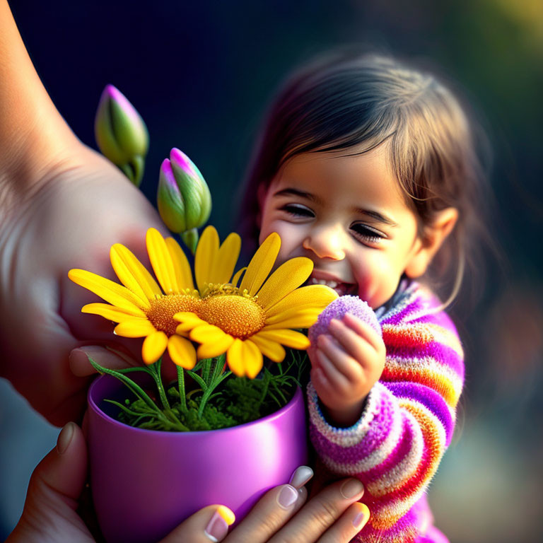 Child in colorful sweater reaching for yellow flowers held by adult - Image Description