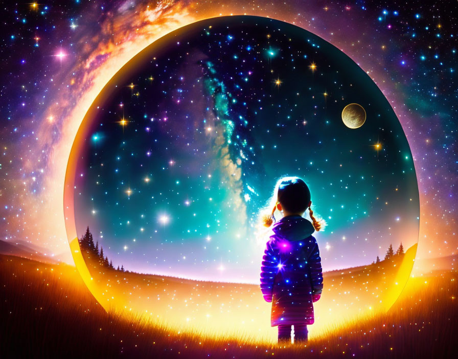 Child admires cosmic portal in starlit field with swirling galaxy.