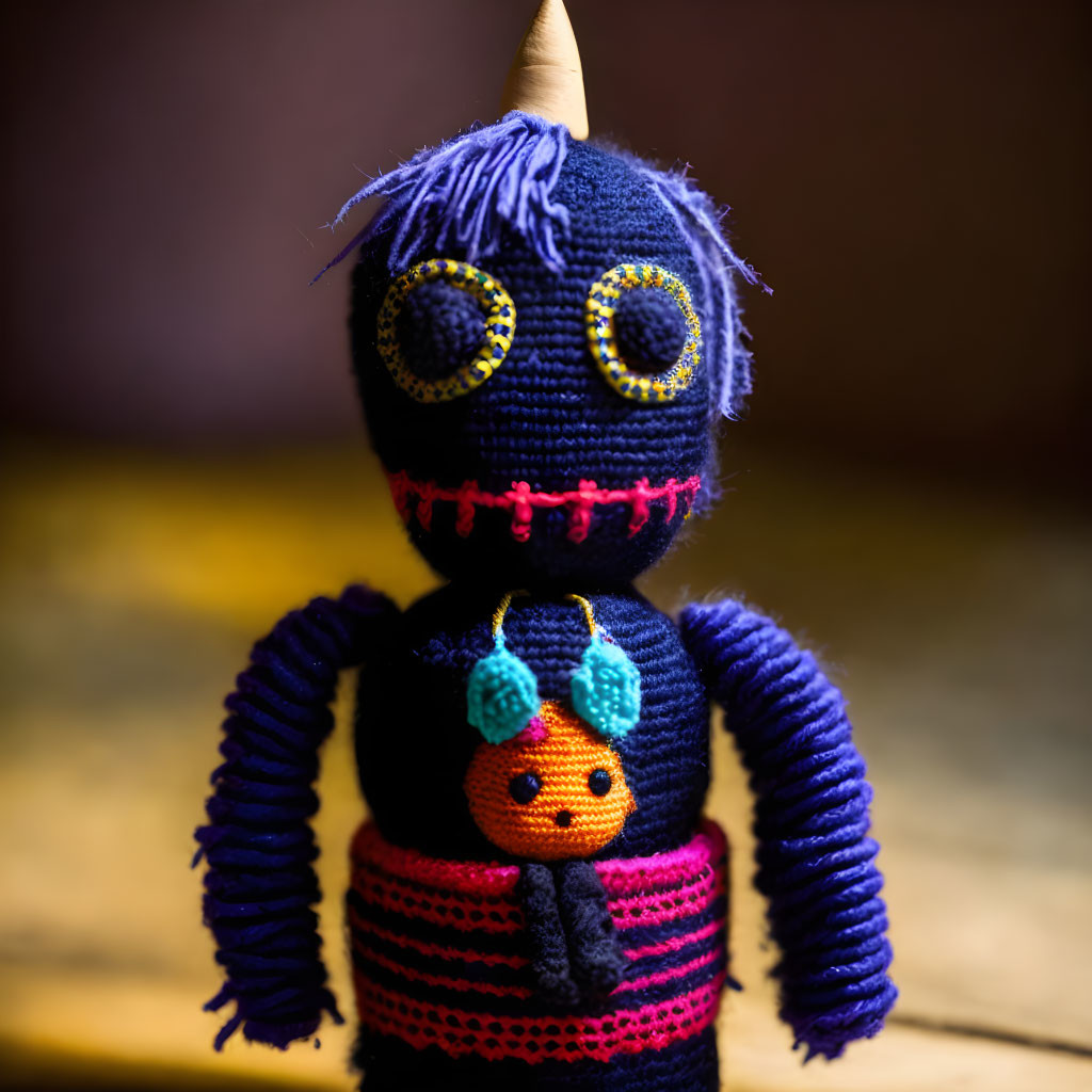 Colorful Handmade Crochet Doll with Button Eyes and Horn, Holding Tiny Orange Creature