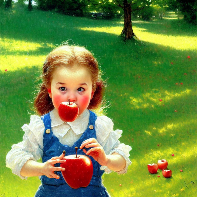 Blonde girl in blue overalls with apples in orchard