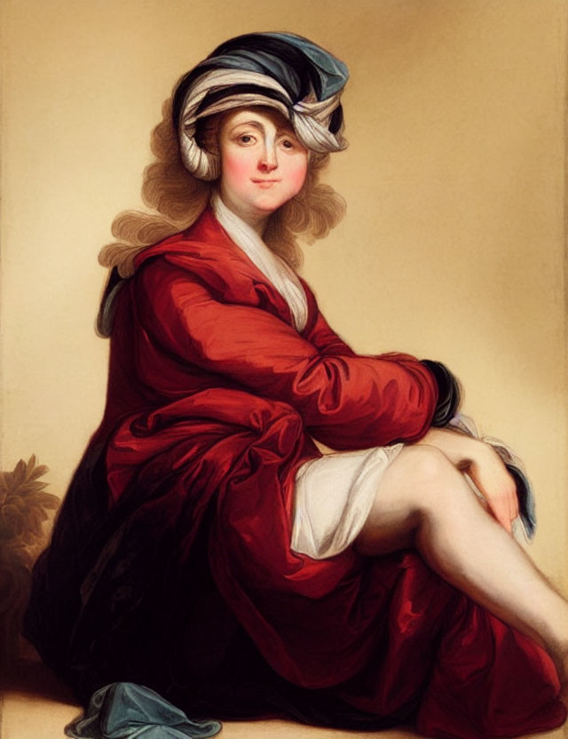 Portrait of a Woman in Red Dress and Turban Seated with Subtle Smile